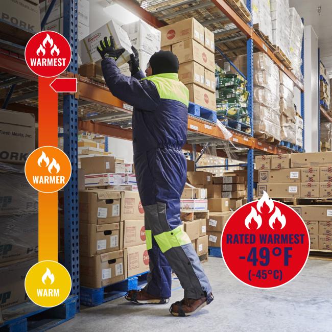 Jacket is rated warmest to -49 degrees fahrenheit or -45 degrees celsius.