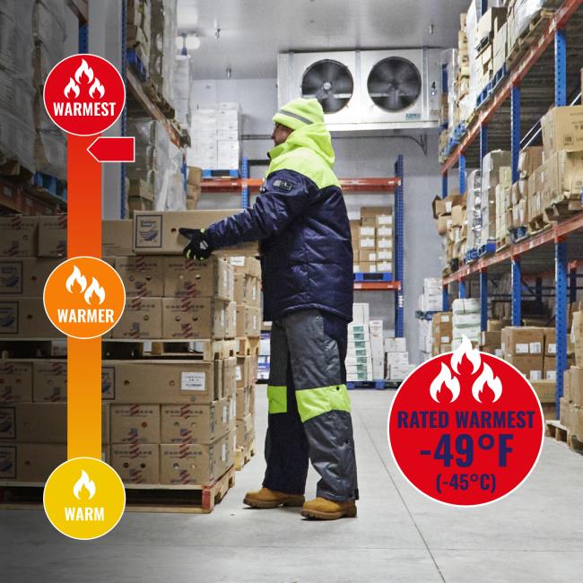 Jacket is rated warmest to -49 degrees fahrenheit or -45 degrees celsius.