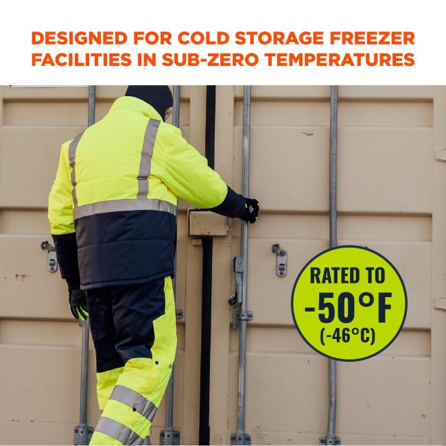Designed for Cold Storage. This jacket is specifically designed for use in cold storage freezer facilities where temperatures drop to sub-zero levels. It is rated to -50°F (-46°C).