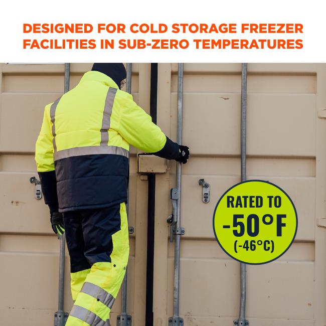 Designed for Cold Storage. These bib overalls are designed for cold storage freezer facilities to provide warmth and protection in extreme temperatures. They are rated to -50°F (-46°C).