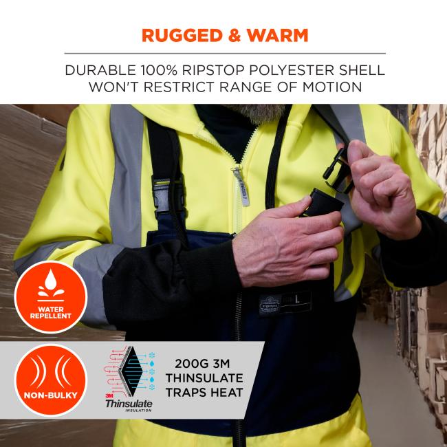 Rugged & Warm. The overalls are made from durable polyester nylon blend shell, ensuring they won’t restrict movement while providing excellent protection. They are also water-repellent to prevent moisture from seeping in and non-bulky for maximum comfort. The insulation consists of 200G 3M Thinsulate, which effectively traps heat and provides warmth in extremely cold environments.