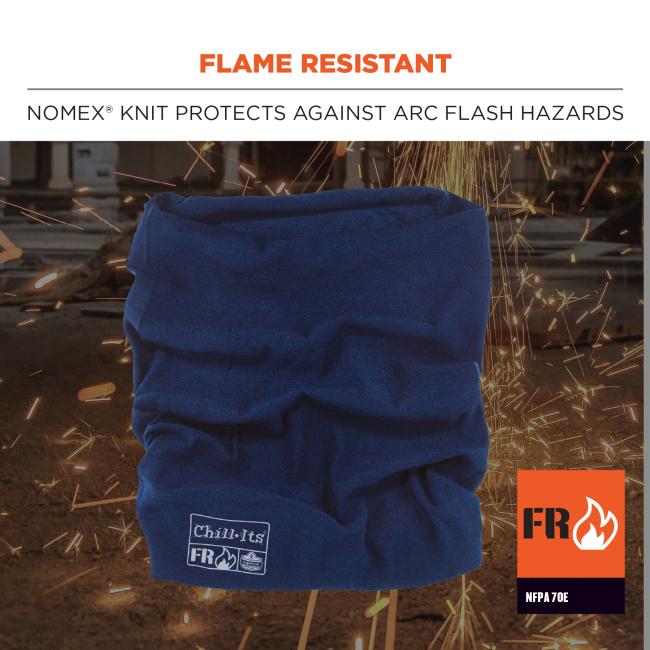 Fire Resistant: Nomex Knit protects against arc flash hazard. Icon reads FR: NFPA 70E