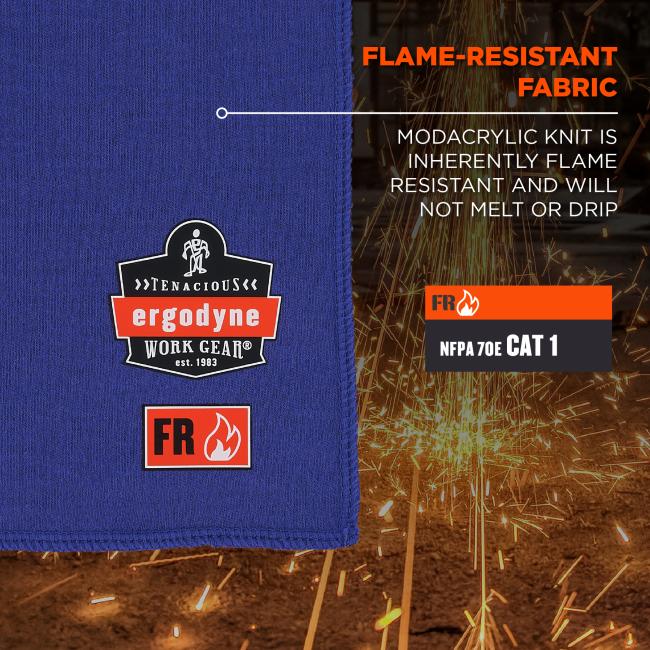 The towel is made of modacrylic knit, which is inherently flame-resistant and will not melt or drip. It complies with NFPA 70E CAT 1 standard