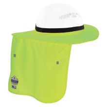 Product shown is a high-visibility hard hat brim with extended neck shade attached to a hard hat, providing wraparound coverage for sun protection.