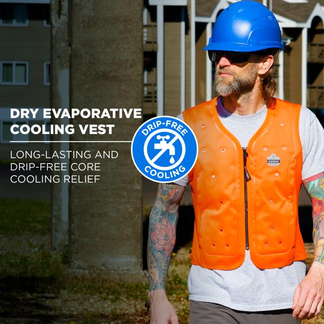 Dry evaporative cooling vest: provides long-lasting and drip-free core cooling relief .