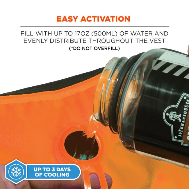 Easy activation: fill with up to 17 ounces or 500ml of water and evenly distribute throughout the vest. Do not overfill. Up to 3 days of cooling .