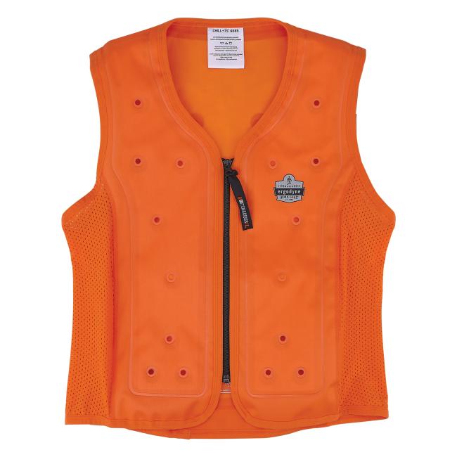 Front of orange dry evaporative cooling vest .