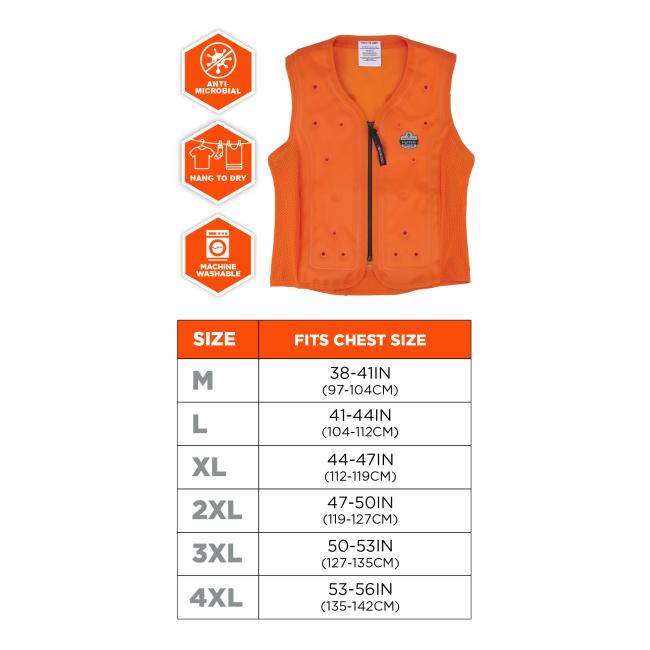 The image shows product feature icons and a size chart titled Size and Fits Chest Size. Medium M fits chest size 38 to 41IN 97 to 104CM. Large L fits chest size 41 to 44IN 104 to 112CM. Extra Large XL fits chest size 44 to 47IN 112 to 119CM. 2X Large 2XL fits chest size 47 to 50IN 119 to 127CM. 3X Large 3XL fits chest size 50 to 53IN 127 to 135CM. 4X Large 4XL fits chest size 53 to 56IN 135 to 142CM. The icons include Anti Microbial Hang To Dry and Machine Washable .