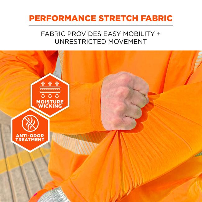 Performance Stretch Fabric: The fabric provides easy mobility and unrestricted movement, featuring moisture-wicking and anti-odor treatment.