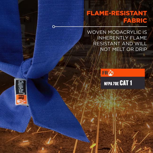 Fire-resistant fabric: woven modacrylic is inherently flame resistant and will not melt or drip. Meets NFPA 70E Cat 1 rating