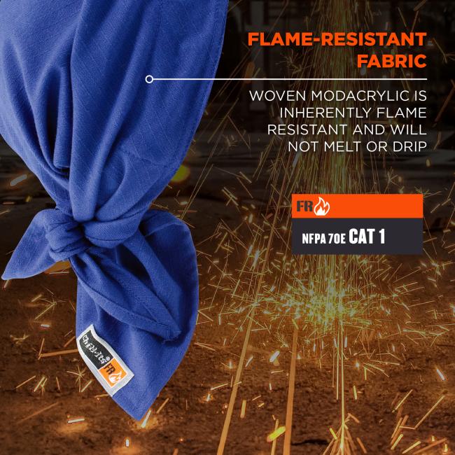 Fire-resistant fabric: woven modacrylic is inherently flame resistant and will not melt or drip. Meets NFPA 70E Cat 1 rating