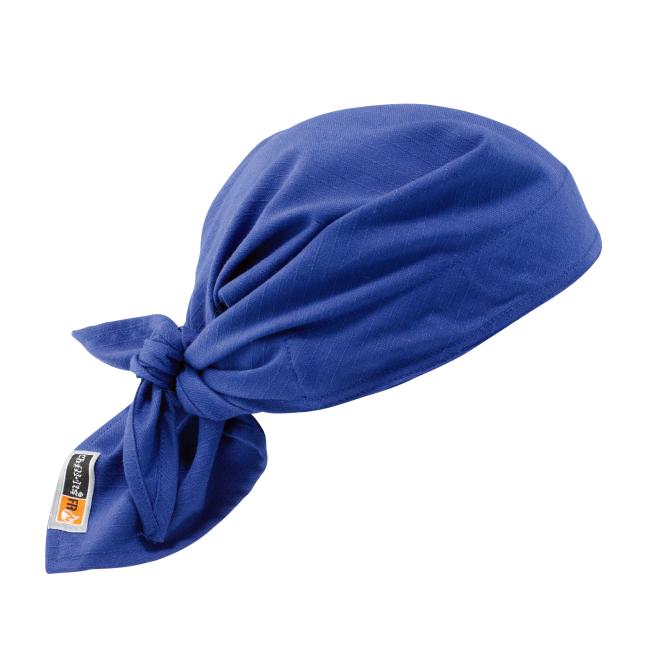 Front of blue flame resistant polymer cooling bandana