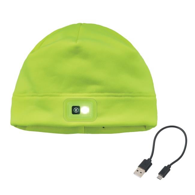 Front of lime rechargeable led winter skull cap with cord