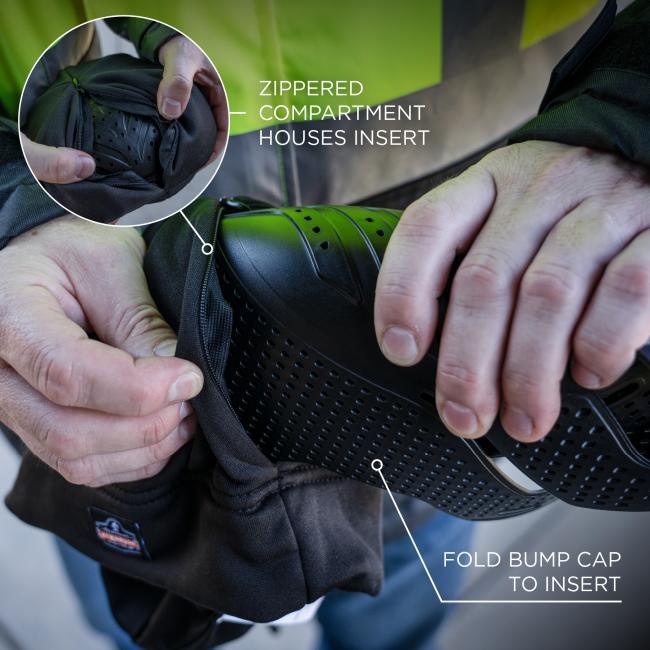 Zippered Compartment: A zippered compartment in the hat houses the bump cap insert. The bump cap can be folded for easy insertion.