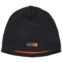 Front of black FR beanie hat