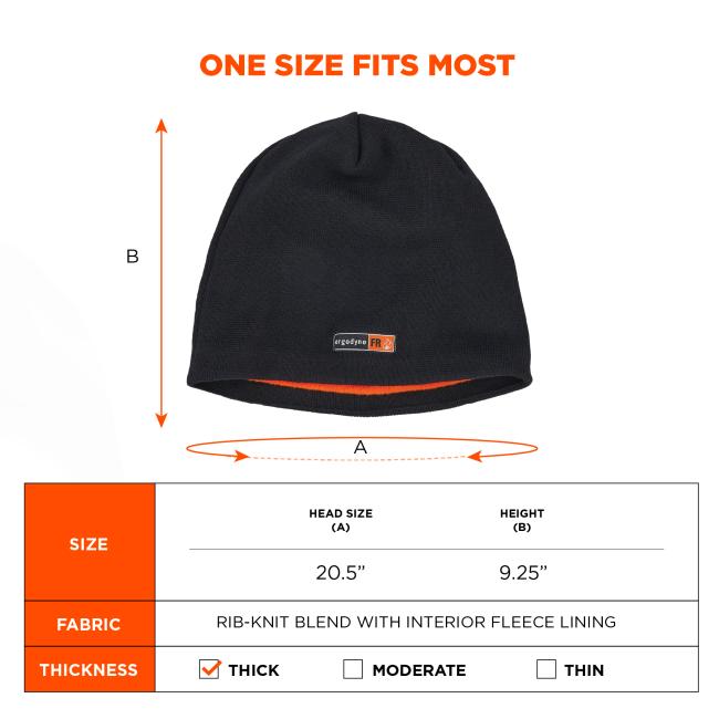 Beanie hat fits heads that are 20.5 inches in diameter and 9.25 inches in height. Fabric is a rib-knit blend with interior fleece lining. Hat is thick.