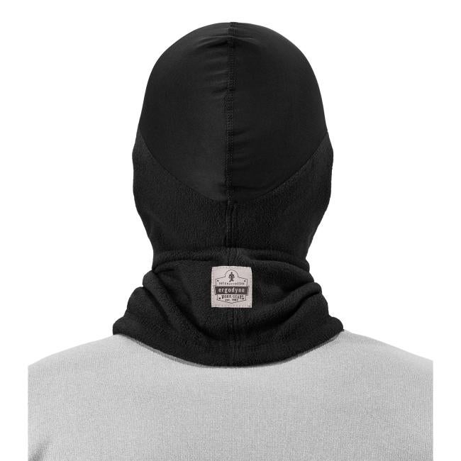 Back of black spandex balaclava face mask on model