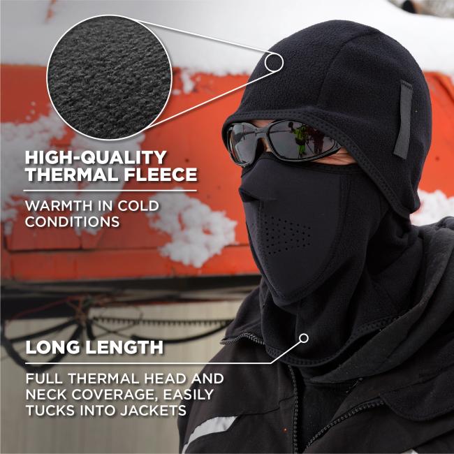 High-Quality Thermal Fleece: Provides warmth in cold conditions. long length full thermal head and neck coverage, easily tucks into jackets