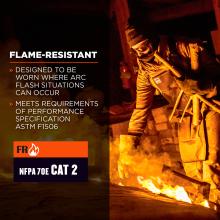 Fire-resistant. Designed to be worn where arc flash situations can occur. Meets requirements of performance specification. Icon on bottom says FR: NFPA 70E CAT 2