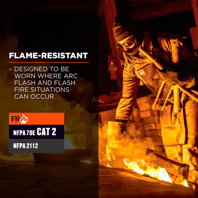 fire-resistant: designed to be worn where arc flash and flash fire situations can occur. nfpa 70e CAT 2 / nfpa 2112 CAT 2 .