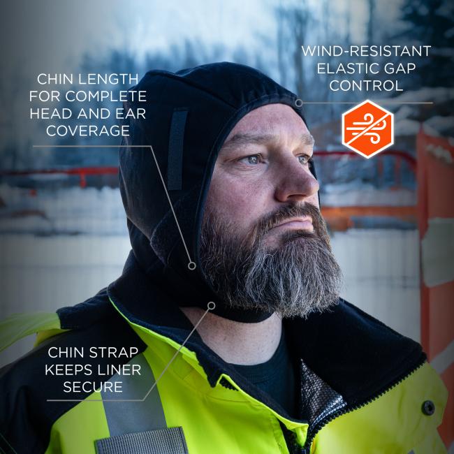 Chin Length: The liner extends to chin length for complete head and ear coverage. It features a chin strap to keep the liner secure and includes wind-resistant elastic gap control.