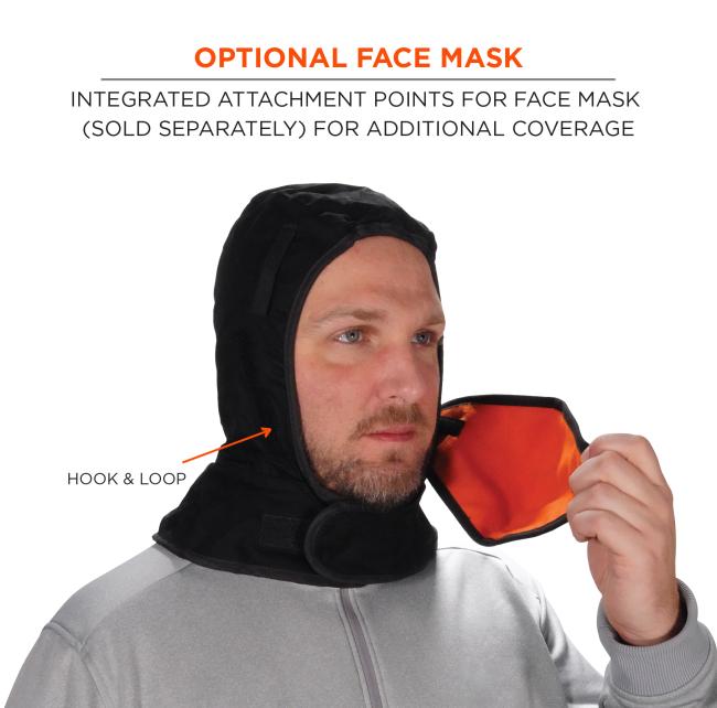 Optional face mask: integrated attachment points for face mask (sold separately) for additional coverage. Hook and loop