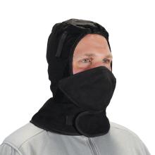 Model wearing a black winter hard hat liner with cotton mouthpiece cover