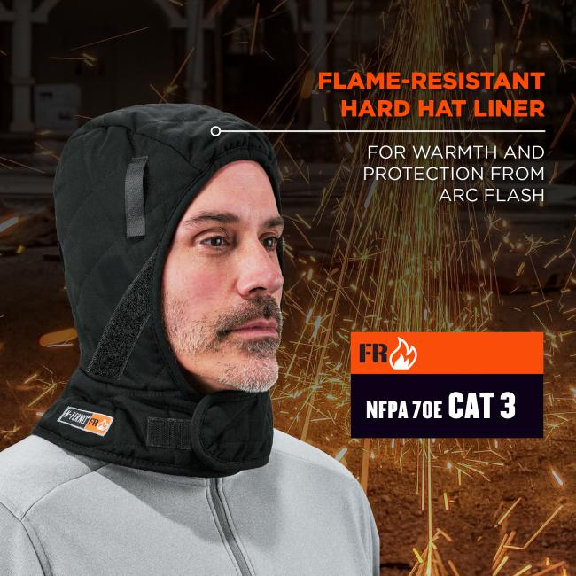Flame-Resistant Hard Hat Liner: This liner provides warmth and protection from arc flash. It is flame-resistant and meets NFPA 70E CAT 3 standard