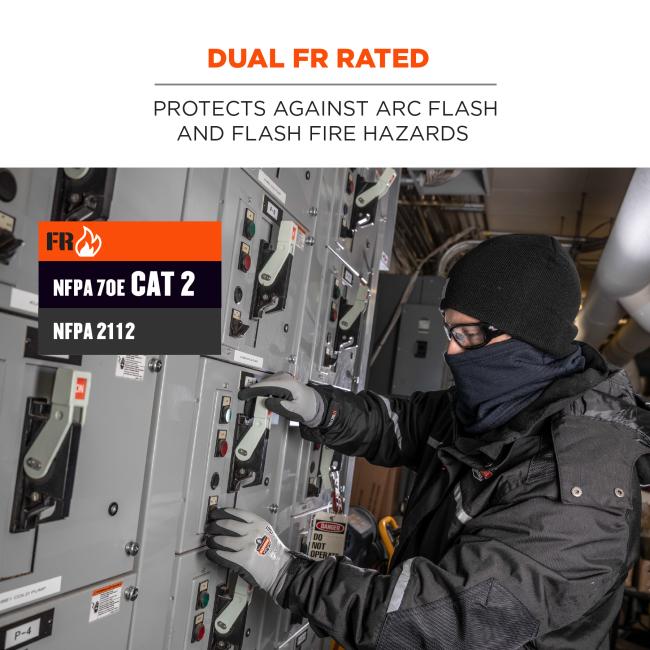 Dual FR rated: Protects against arc flash and flash fire hazards. Icons say: FR, NFPA 70E CAT 2, NFPA 2112