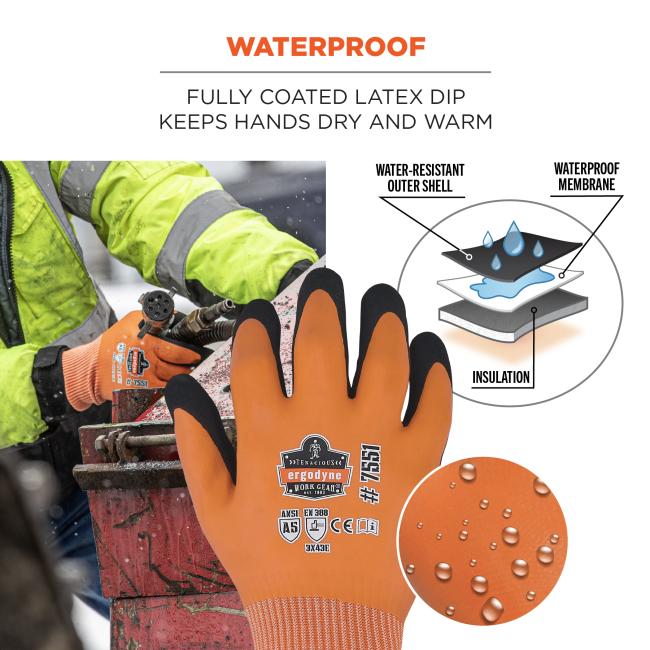 Waterproof: fully coated latex dip keeps hands dry and warm. Glove features a water-resistant outer shell followed by a waterproof membrane and insulation at the most base layer.