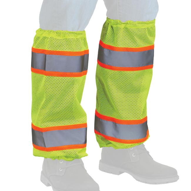Lime mesh two-tone hi-vis leg gaiters on faded legs