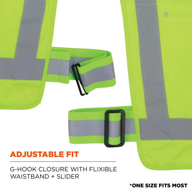 The vest features an adjustable fit using a G-hook closure combined with a flexible waistband and slider. This one-size-fits-most design allows for quick and secure customization.