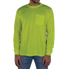 This hi-vis long sleeve t-shirt features a classic crew neck and an exterior chest pocket, designed for both comfort and utility.