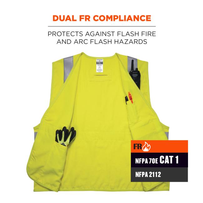 dual FR compliance: protects against flash fire and arc flash hazards.NFPA 70E CAT 1. NFPA 2112