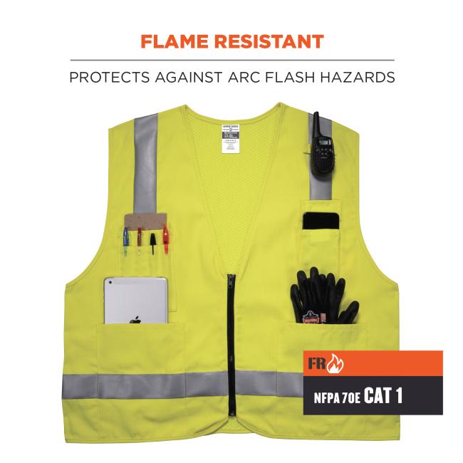 Flame resistant: protects against arc flash hazards. NFPA 70E CAT 1. 