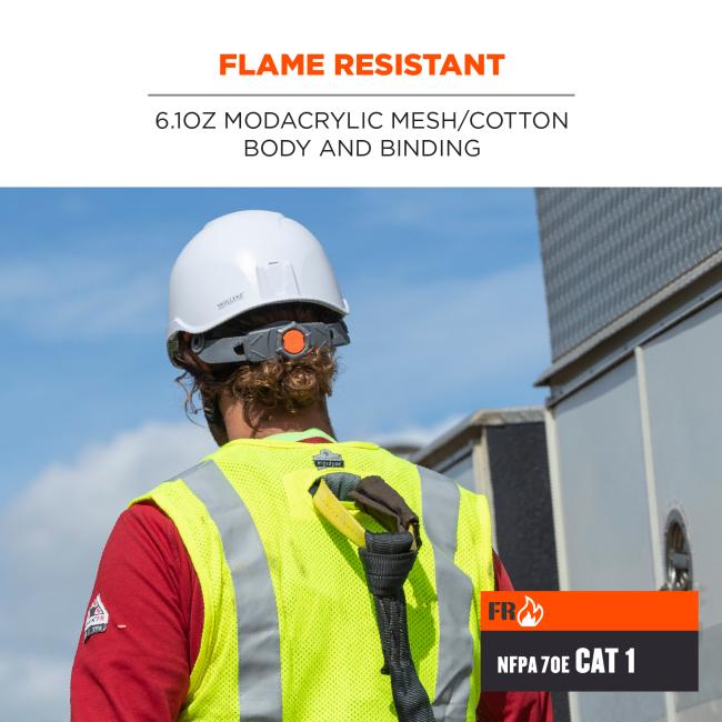 Flame resistant: 6.1oz modacrylic mesh/cotton body and binding. Image shows worker in vest. Icon on the lower right says FR NFPA7E CAT 1