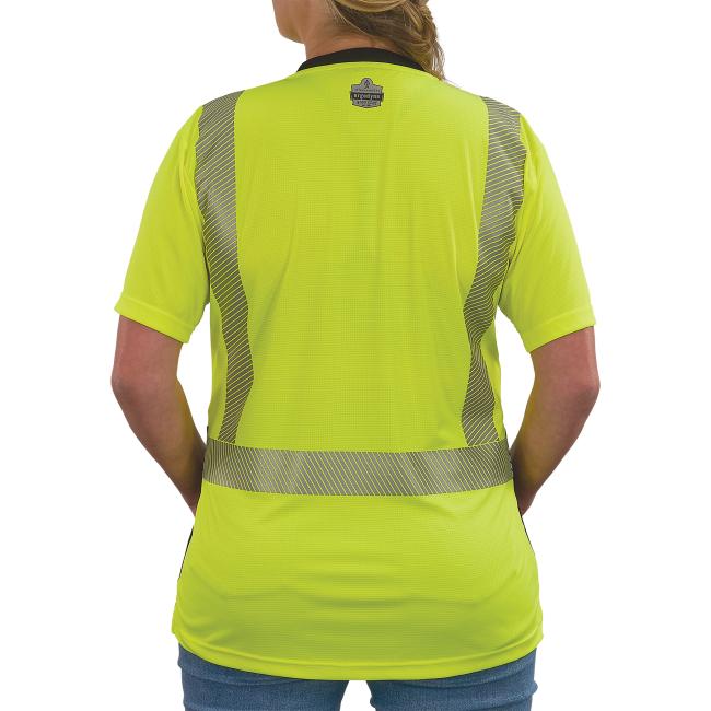 Back of lime class 2 womens hi-vis short sleeve t-shirt on model