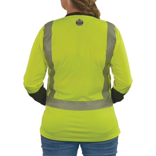 Back of lime class 2 womens hi-vis long sleeve t-shirt on model