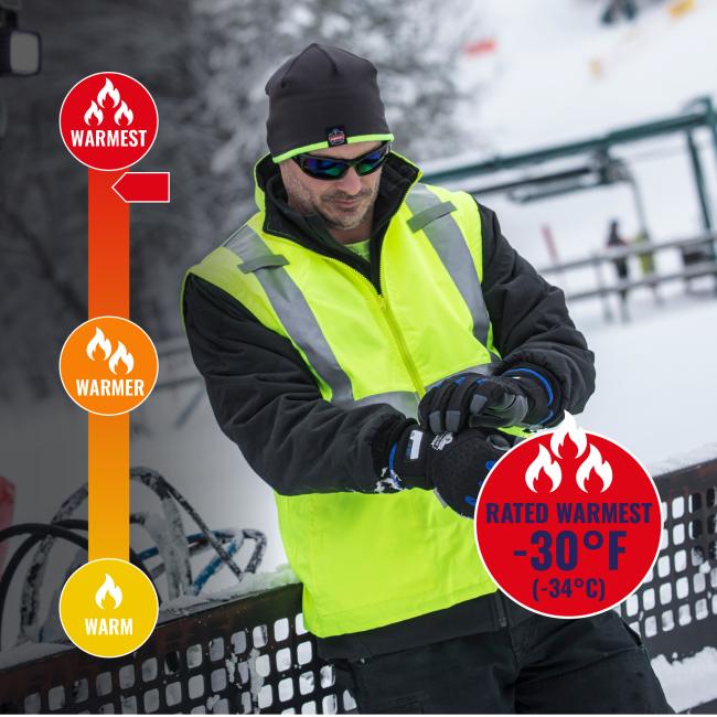 Jacket is rated warmest to -30 degrees fahrenheit or -34 degrees celsius for up to 5 hours of moderate work .