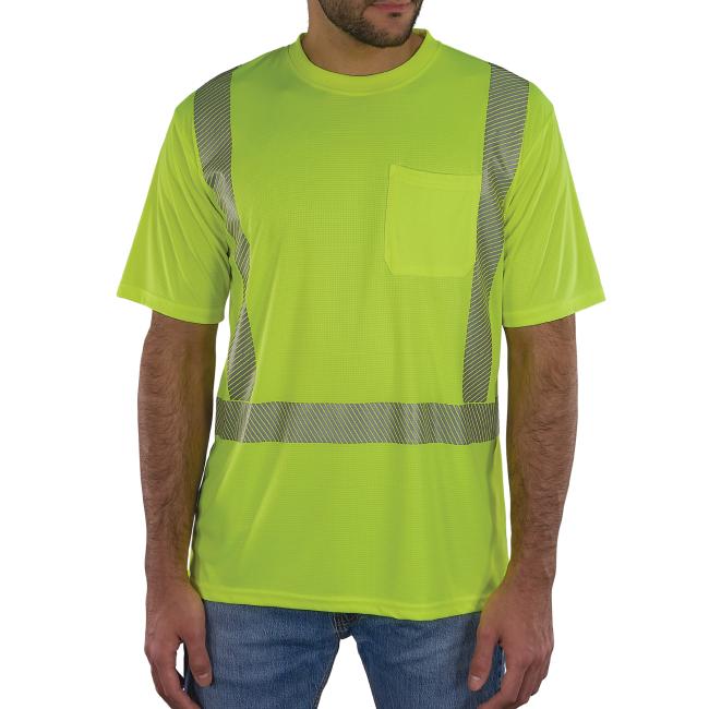 Short-sleeve hi-vis lime t-shirt with segmented reflective tape and exterior chest pocket.