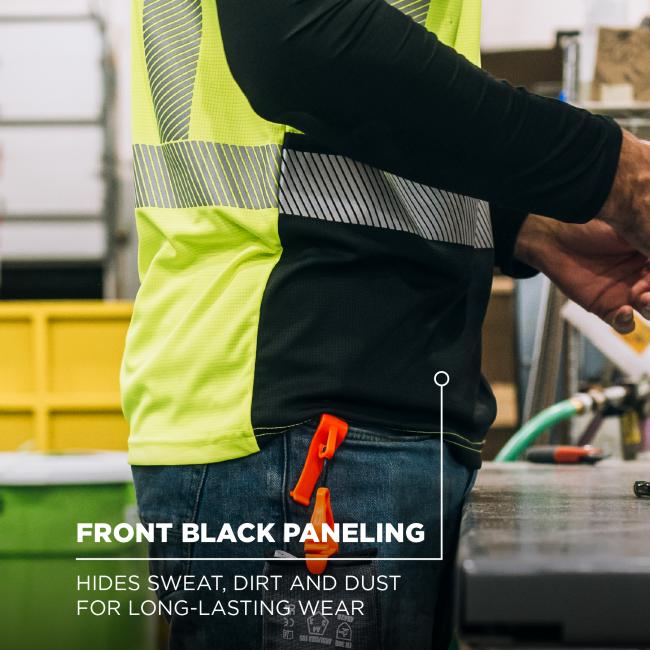The shirt features front black paneling designed to hide sweat, dirt, and dust, helping to maintain a clean appearance for long-lasting wear.