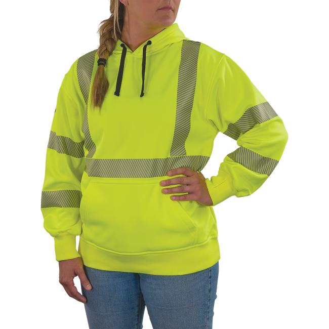 3q of lime class 3 womens hi-vis hooded sweatshirt on model