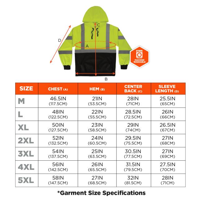 Size chart. Medium M Chest 46.5IN 117.5CM Hem 21IN 53.5CM Center Back 28IN 71CM Sleeve Length 25.5IN 65CM. Large L Chest 48IN 122.5CM Hem 22IN 55.5CM Center Back 28.5IN 72.5CM Sleeve Length 26IN 66CM. Extra Large XL Chest 50IN 127.5CM Hem 23IN 58.5CM Center Back 29IN 74CM Sleeve Length 26.5IN 67CM. 2X Large 2XL Chest 52IN 132.5CM Hem 24IN 60.5CM Center Back 29.5IN 75.5CM Sleeve Length 27IN 68CM. 3X Large 3XL Chest 54IN 137.5CM Hem 25IN 63.5CM Center Back 30.5IN 77.5CM Sleeve Length 27IN 69CM. 4X Large 4XL C
