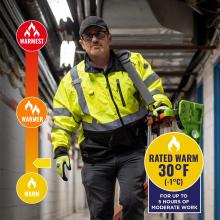 Jacket is rated warm to 30 degrees fahrenheit or -1 degrees celsius.