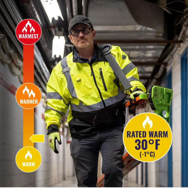 Jacket is rated warm to 30 degrees fahrenheit or -1 degrees celsius.