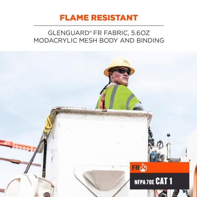Flame resistant: Glenguard FR fabric, 5.6oz modacrylic mesh body and binding. Image shows worker at heights wearing vest. Icons say: FR // NFPA 70E CAT 1