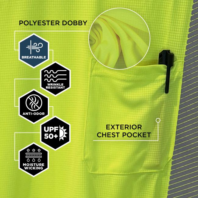 Made with polyester dobby fabric, this shirt is breathable, wrinkle-resistant, anti-odor, moisture-wicking, and offers UPF 50+ sun protection. It also features an exterior chest pocket.