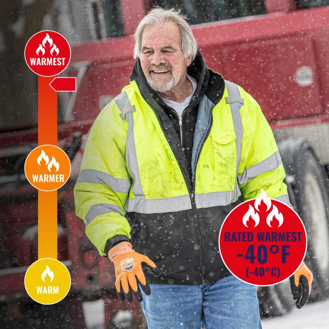 Jacket is rated warmest to -40 degrees fahrenheit or -40 degrees celsius.