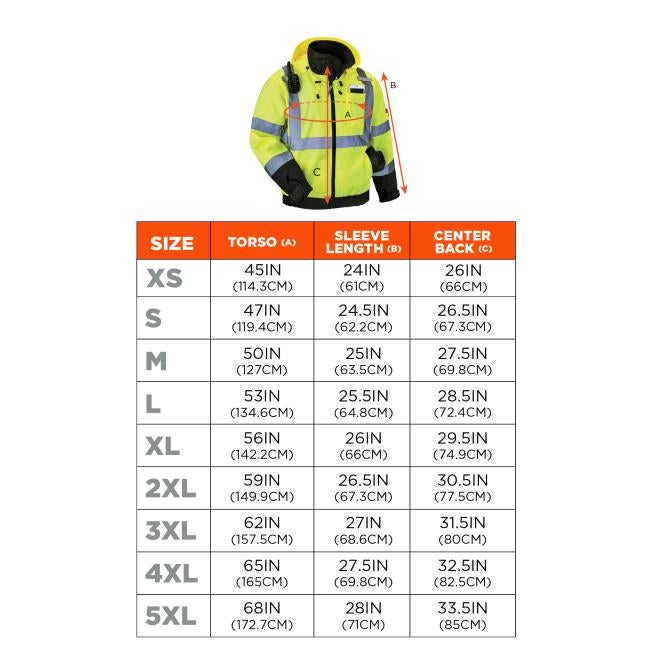 Size chart. Extra Small (XS): Torso 45IN (114.3CM) Sleeve Length 24IN (61CM) Center Back 26IN (66CM). Small (S): Torso 47IN (119.4CM) Sleeve Length 24.5IN (62.2CM) Center Back 26.5IN (67.3CM). Medium (M): Torso 50IN (127CM) Sleeve Length 25IN (63.5CM) Center Back 27.5IN (69.8CM). Large (L): Torso 53IN (134.6CM) Sleeve Length 25.5IN (64.8CM) Center Back 28.5IN (72.4CM). Extra Large (XL): Torso 56IN (142.2CM) Sleeve Length 26IN (66CM) Center Back 29.5IN (74.9CM). 2X Large (2XL): Torso 59IN (149.9CM) Sleeve Le