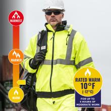 Jacket is rated warm to 10 degrees fahrenheit or -12 degrees celsius.